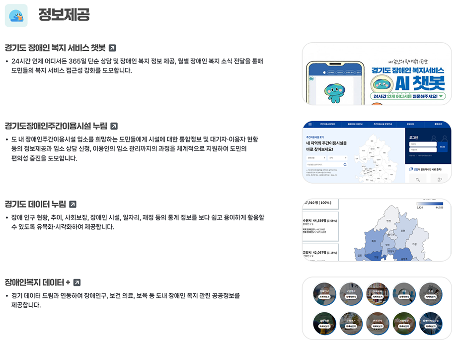 정보제공 경기도 장애인복지서비스챗봇, 경기도 장애인주간이용시설 누림, 경기도 데이터 누림, 장애인 복지 데이터